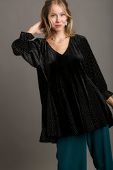 Umgee Godet Hem Polka Dot V-Neck Blouse Black OutfitFlow