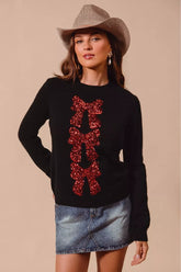 SO ME Sequins Bow Ribbon Embellished Christmas Sweater BLACK RED OutfitFlow