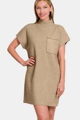 Zenana Short Sleeve Sweater Mini Dress Camel OutfitFlow