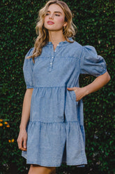 ODDI Washed Tiered Mini Denim Dress Washed Denim OutfitFlow