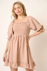 Mittoshop Smocked Ruffled Hem Half Sleeve Mini Dress Taupe OutfitFlow