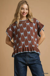 Umgee Bow Knit Ruffle Sleeve Sweater Brown OutfitFlow