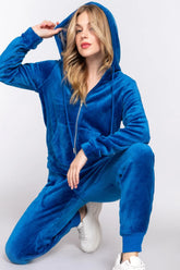 ACTIVE BASIC Faux Fur Zip Up Long Sleeve Hoodie and Joggers Set DEEP BLUE OutfitFlow