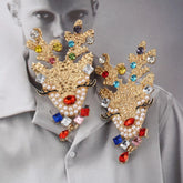 Christmas Reindeer Earrings with Colorful Rhinestones Multicolor One Size OutfitFlow