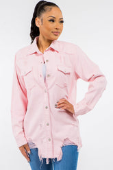 American Bazi Frayed Hem Distressed Denim Jacket Pink OutfitFlow