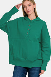 Zenana Half Snap Long Sleeve Hoodie with Kangaroo Pocket Dark Green OutfitFlow