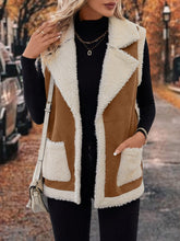 Full Size Contrast Open Front Sherpa Vest Coat Camel OutfitFlow