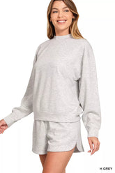 Zenana Scuba Long Sleeve Sweatshirt and Shorts Set H GREY OutfitFlow