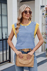 Contrast Striped Round Neck T-Shirt Blue White OutfitFlow