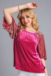 Umgee Round Neck Leopard Balloon Sleeve Velvet Top Raspberry OutfitFlow