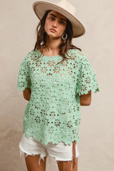 BiBi Openwork Crochet Short Sleeve Knit Top LT GREEN OutfitFlow