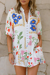 Pocketed Printed Half Sleeve Romper Floral OutfitFlow
