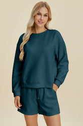Double Take Full Size Texture Round Neck Long Sleeve Top and Shorts Set Peacock Blue OutfitFlow