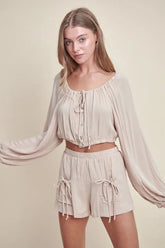 MABLE Gauze Long Sleeve Button Crop Top and Short Set Lt Taupe OutfitFlow