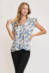 Umgee Full Size Botanical Print Babydoll Top Plus Size Dusty Blue OutfitFlow