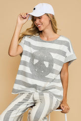 Umgee Peace Sign Patch Striped French Terry T-Shirt Gray OutfitFlow