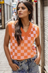 Checkered V-Neck Sweater Vest Tangerine OutfitFlow
