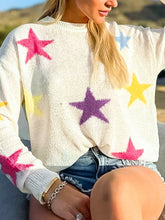 Contrast Star Round Neck Sweater White OutfitFlow