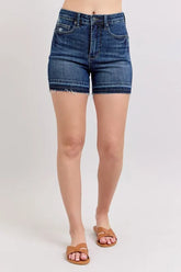 Judy Blue Full Size High Waist Tummy Control Destroy Release Hem Denim Shorts Plus Size DK OutfitFlow