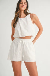 MABLE Eyelet Bubble Hem Sleeveless Top and Shorts Set Off White OutfitFlow