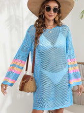 Openwork Contrast Long Sleeve Cover-Up Light Blue One Size OutfitFlow
