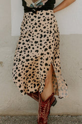 Slit Printed Midi Skirt Tan OutfitFlow