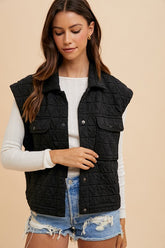 Annie Wear Texture Quilted Snap Down Vest Coat Black OutfitFlow
