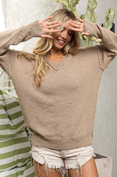 BiBi Raw Edged Popcorn Texture V-neck Sweater LATTE OutfitFlow