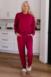 Round Neck Top and Drawstring Pants Lounge Set Deep Rose OutfitFlow
