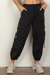 VERY J Elastic Waist Woven Cargo Pants Black OutfitFlow