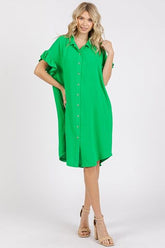 Mittoshop Button Down Flounce Sleeve Dress with Pockets Green OutfitFlow