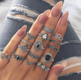 15 Piece Alloy Vintage Ring Set Silver One Size OutfitFlow