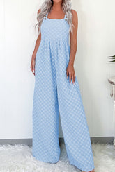 Checkered Pocketed Wide Leg Overalls Light Blue OutfitFlow