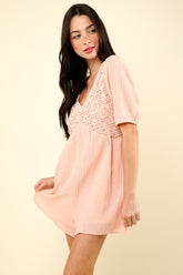 VERY J Lace Detail Puff Sleeve Romper with Pockets Blush OutfitFlow