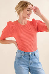 And The Why Puffed Half Sleeve Rib Basic Bodysuit Coral OutfitFlow