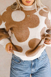Contrast Flower Mock Neck Long Sleeve Sweater Tan OutfitFlow