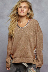 POL Balloon Sleeve Oversized Ribbed Top with Floral Pattern Contrast CHOCOLATE Trendsi
