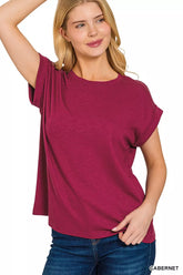 Zenana Cotton Modal Slub Rolled Sleeve T-Shirt CABERNET OutfitFlow