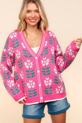 Haptics Full Size Floral Jacquard V-Neck Button Up Cardigan Hot Pink OutfitFlow