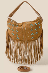 Fame Studded Pattern Multi Fringe Hobo Shoulder Bag BR One Size OutfitFlow