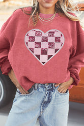 Valentine’s Day Sequin Checkered Heart Long Sleeve Sweatshirt Strawberry OutfitFlow