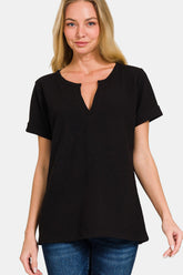Zenana Notched Short Sleeve Waffle T-Shirt Black OutfitFlow