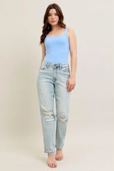 Judy Blue Full Size Mr Repair Stitch Detail Destroy Single Cuff Bf Jeans Plus Size LT OutfitFlow