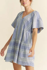 Davi & Dani Embroidered Stripe Ruffled Gingham Mini Dress Navy Blue OutfitFlow