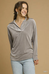 Umgee Soft Thermal Collared Long Sleeve Top GREY OutfitFlow