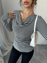 Striped Cowl Neck Long Sleeve T-Shirt Black OutfitFlow