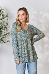 Heimish Full Size Floral Half Button Long Sleeve Blouse Dusty Teal Multi OutfitFlow