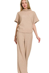 Zenana Sweater Mock Neck Top & Long Pants Set LT MOCHA OutfitFlow