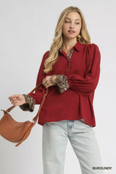 Umgee Half Button Blouse with Leopard Print Trim BURGUNDY OutfitFlow