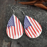 PU Leather US Flag Teardrop Shape Earrings Deep Red One Size OutfitFlow